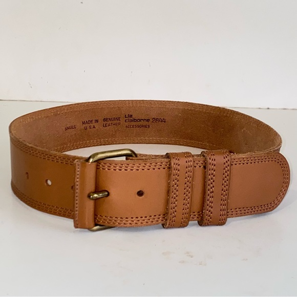 Liz Claiborne 2" Wide Tan Genuine Leather Triple Stitched Edge Belt - Picture 11 of 11